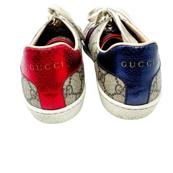 Gucci GG Supreme Web Stripe Ace Sneakers Red Blue Metallic Heel Tabs EU 37 - Picture 4 of 8